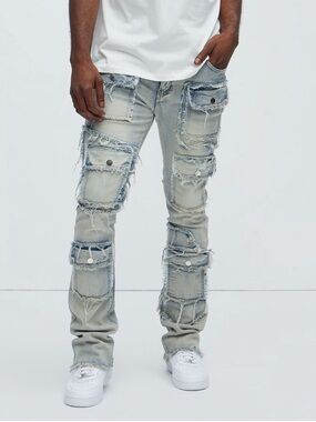 Fashion Nova Fray Cargo Skinny Flare Jeans- Light Wash